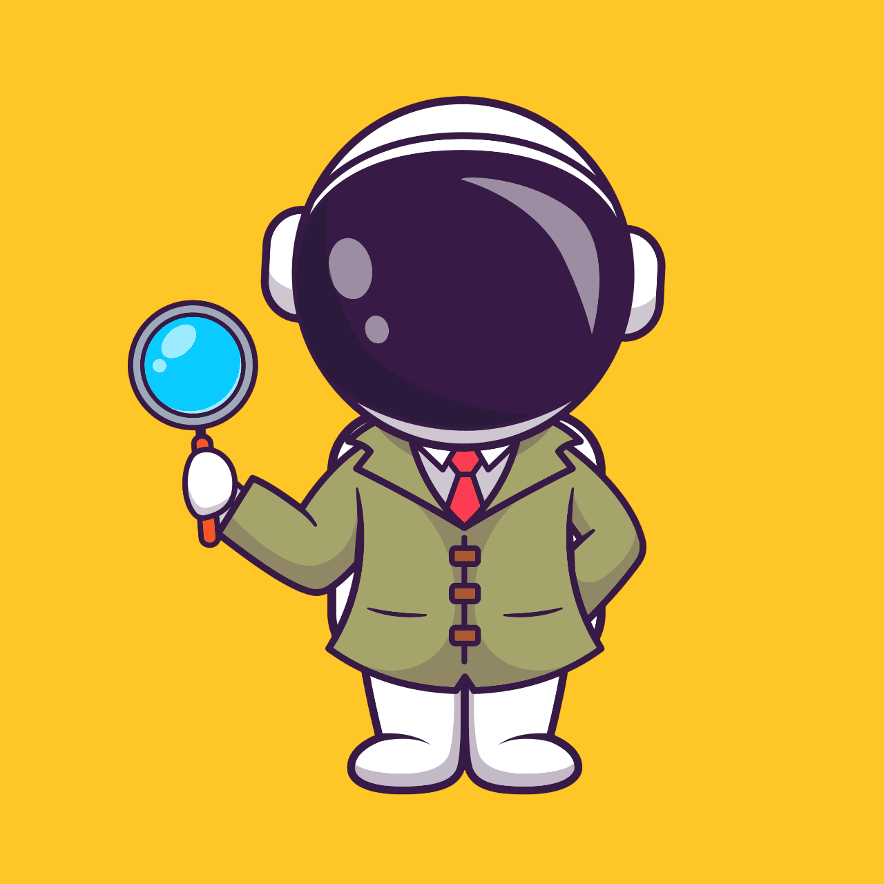 cartoon astronaut man holding a magnifying glass