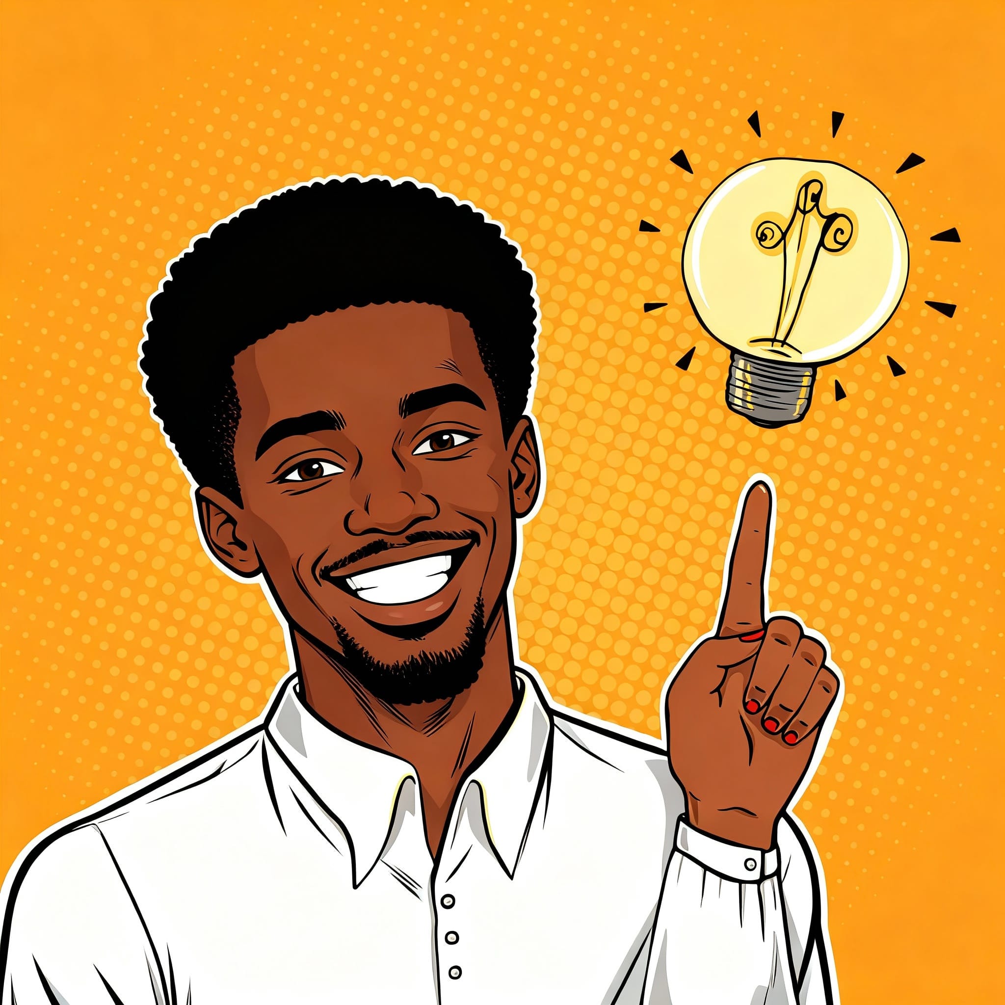 a man that looks like they have an idea, pointing to a lightbulb above their head
