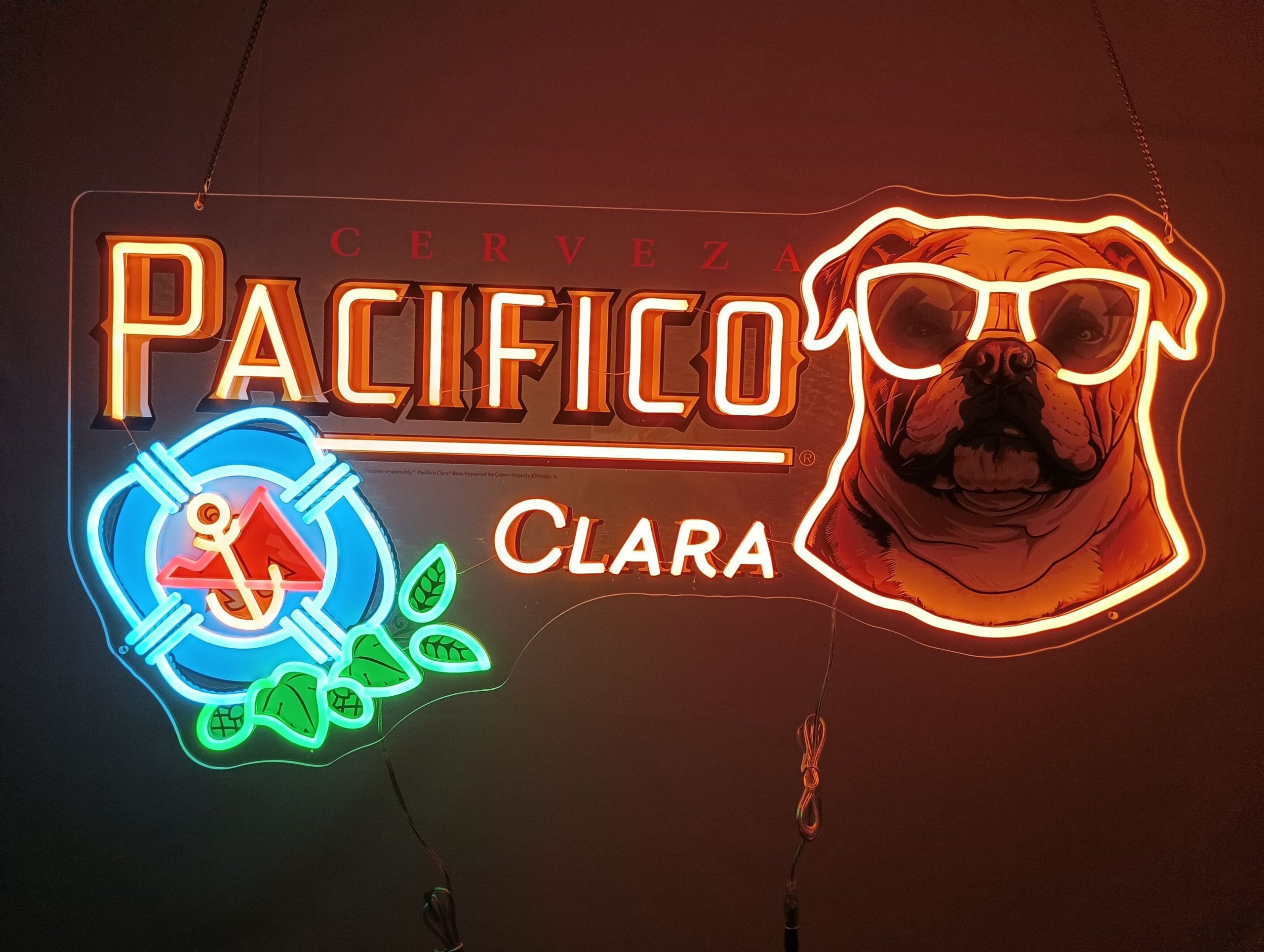 custom LED sign advertising Pacifico beer, showing a dog in sunglasses