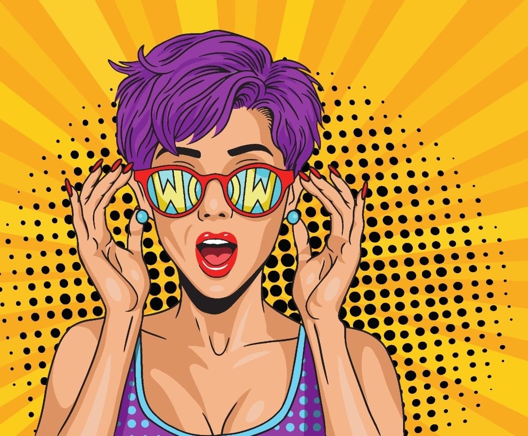 woman showing a surprised face with "wow" written across her sunglasses