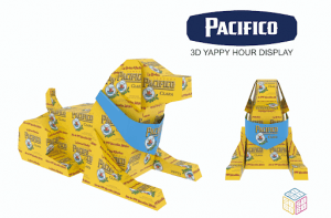 Pacifico 3D cardboard dog display design for a Yappy Hour off-premise retail campaign
