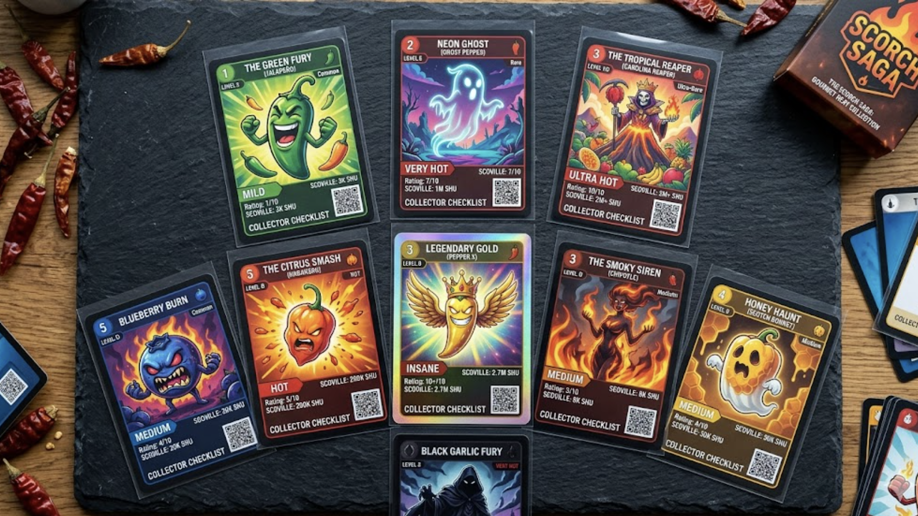 trading cards of different hot sauce varieties and the ingredients included