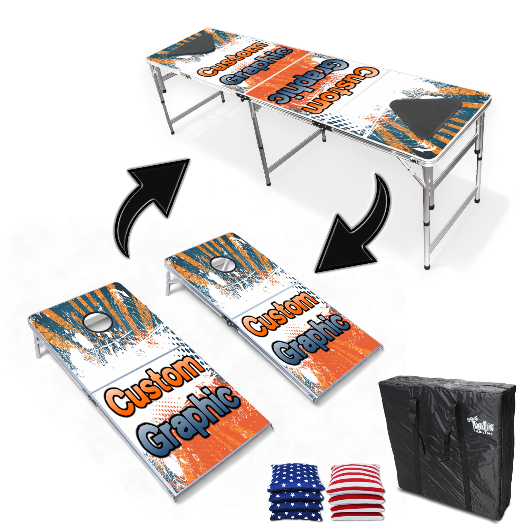Custom 2-in-1 folding cornhole boards and beer pong table with full color printed wrap