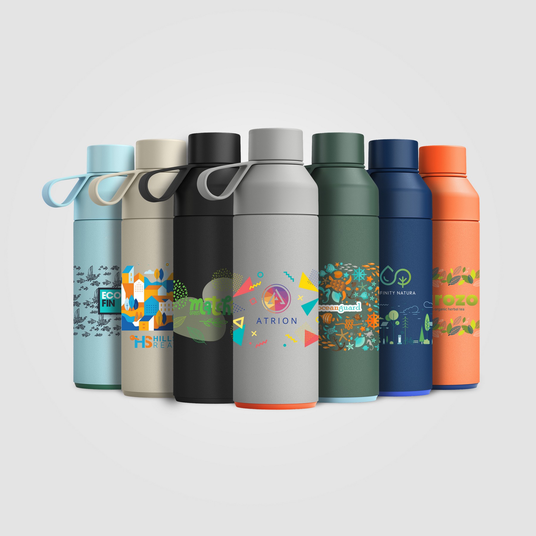 Custom branded Ocean Bottle vacuum insulated drinkware collection in multiple sizes