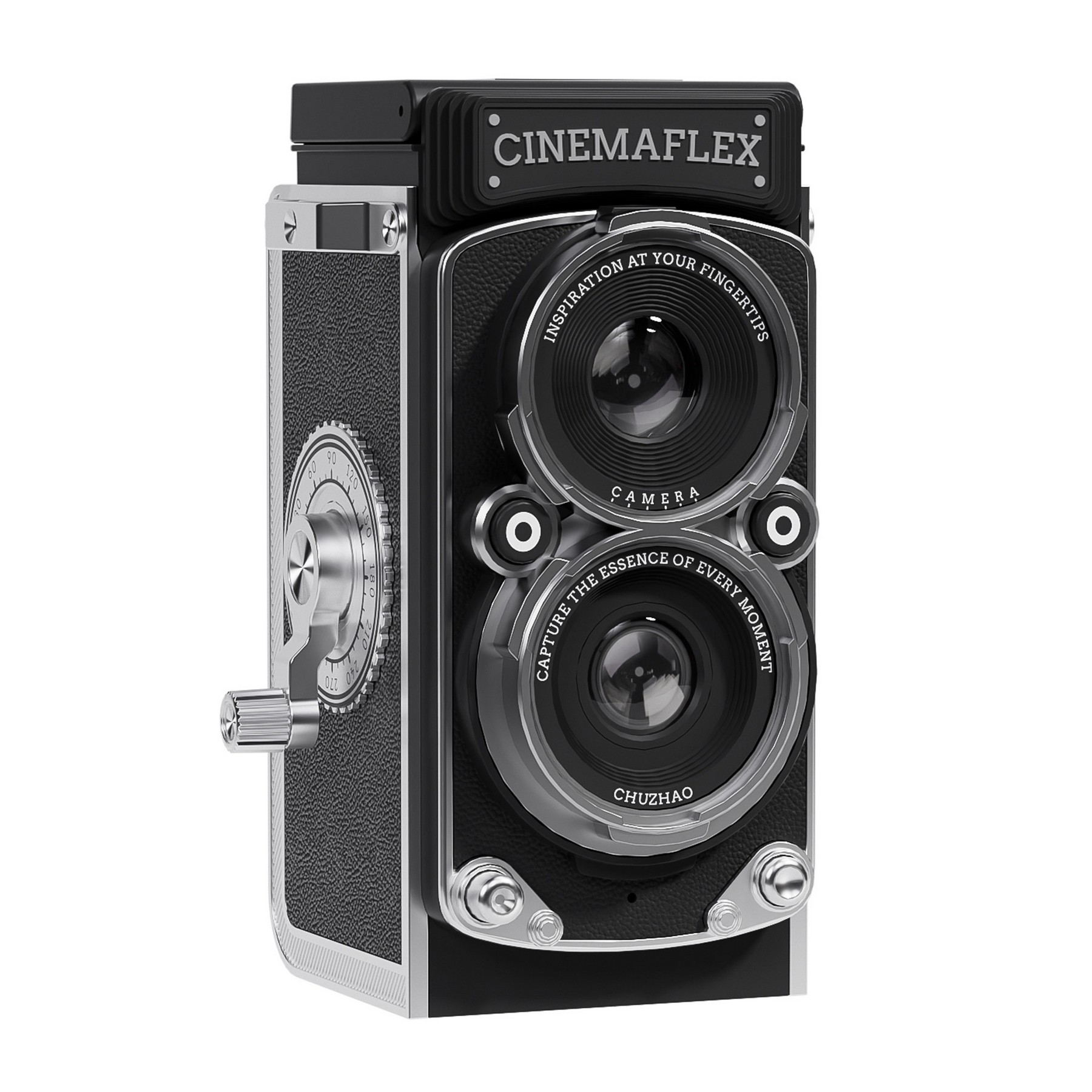 Custom branded Cinemaflex retro digital camera with hand-crank recording feature