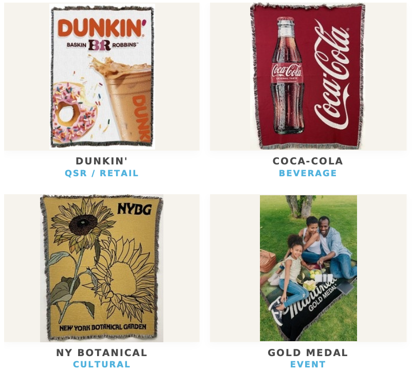 Grid of custom woven tapestry blanket programs for brands including Dunkin and Coca-Cola