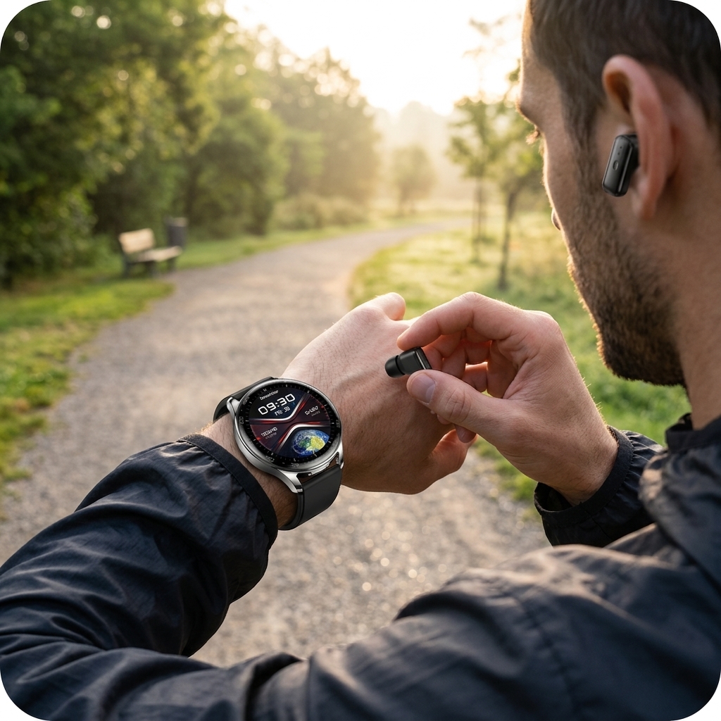 Branded smartwatch with built-in earbud storage in black