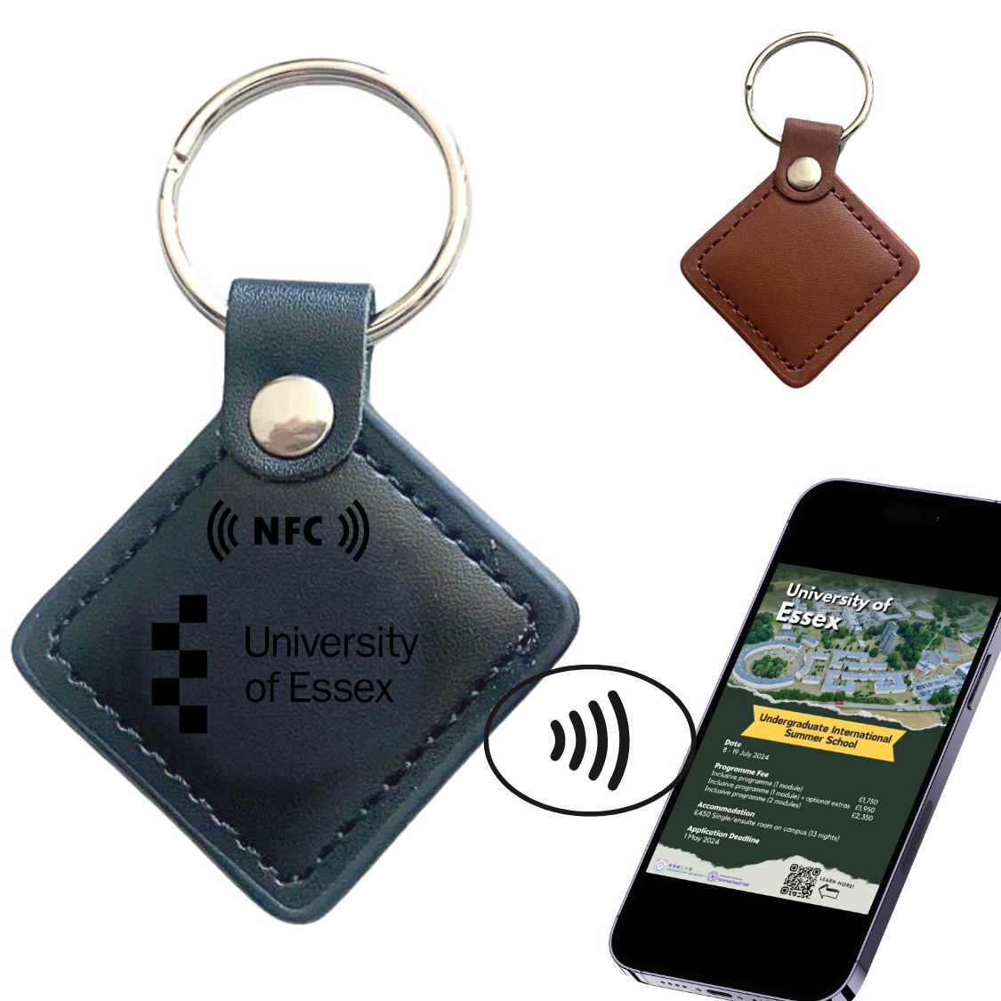 Premium leatherette NFC keychain tapped to smartphone displaying branded digital destination