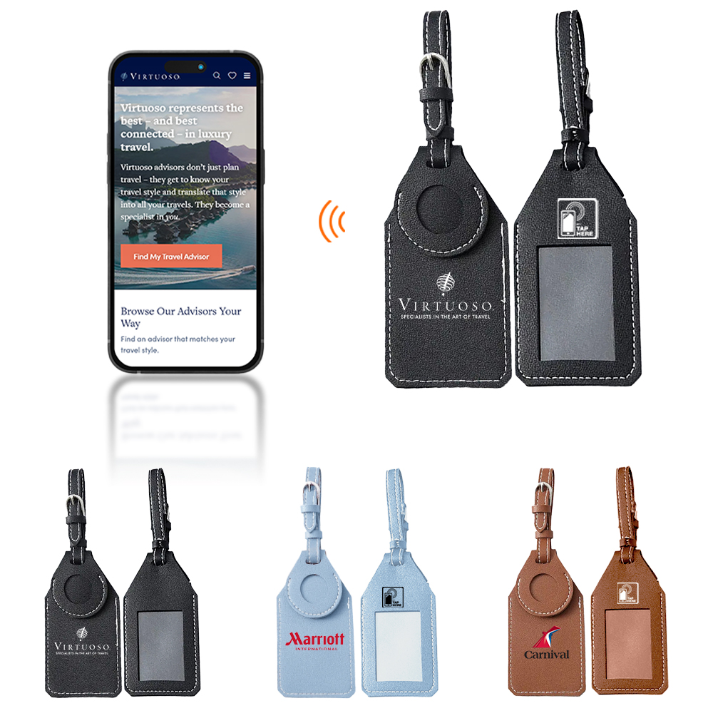 Branded NFC leatherette luggage tag on travel bag showing smart digital connectivity