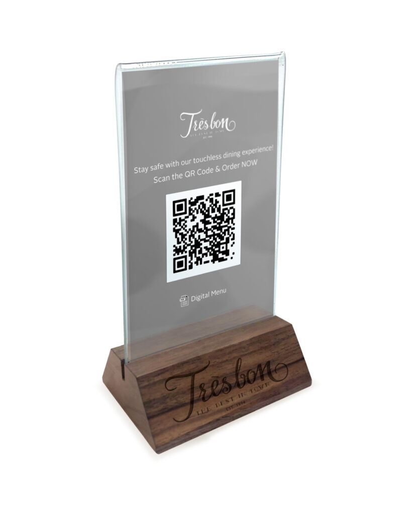 Custom walnut QR code menu holder with branded acrylic insert for restaurant table