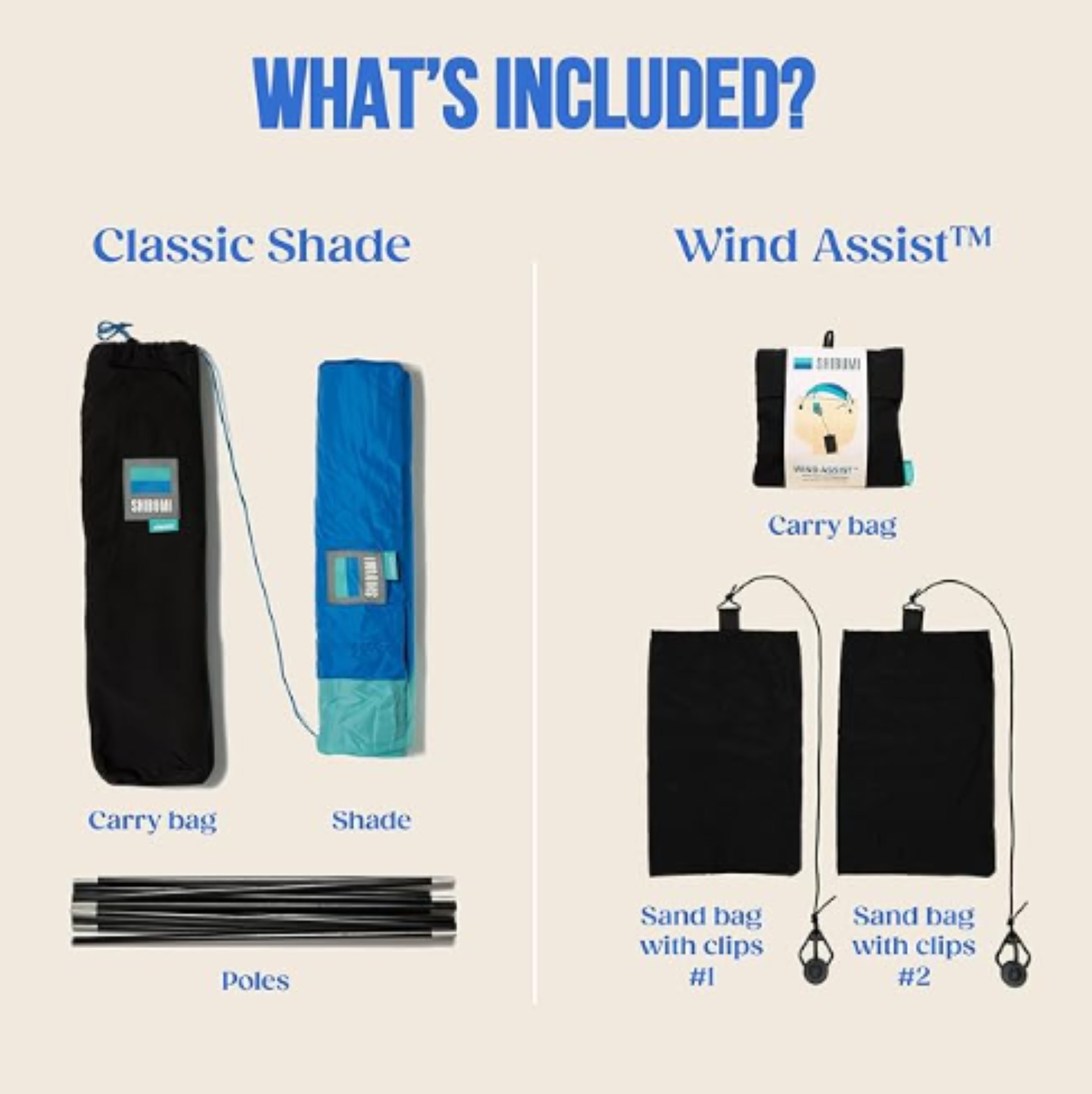 Shibumi Shade unboxing showing canopy, carry bag, and Wind Assist accessories included