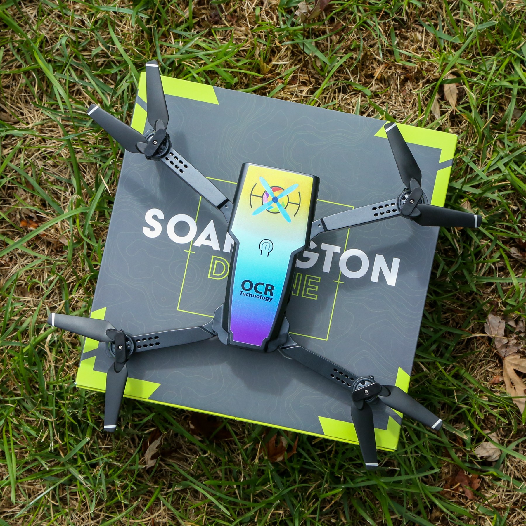 Custom branded Soarington drone with full-color logo imprint on top plate, no minimum quantity