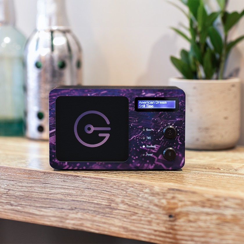 Branded Soundview wireless speaker with full-color custom artwork on front panel