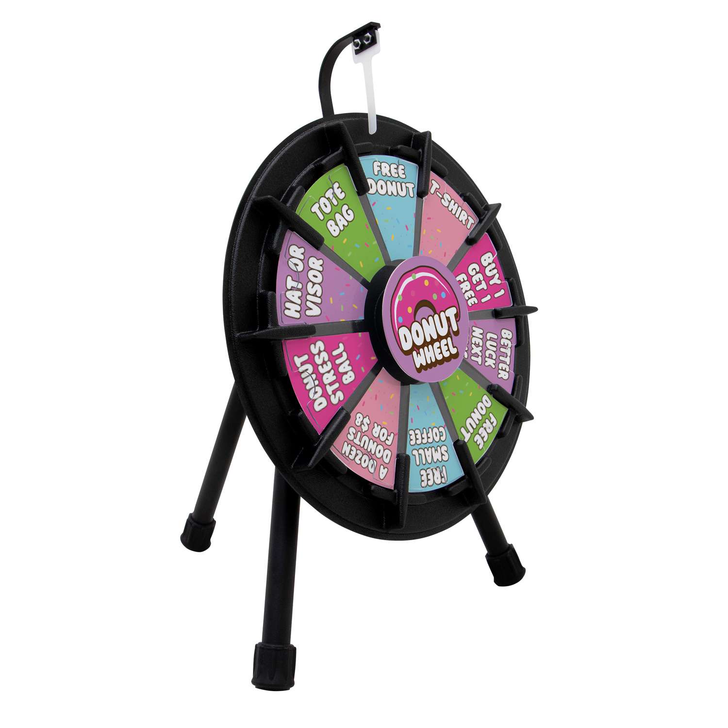 Custom branded Spin N Win mini prize wheel with full color imprint at event booth