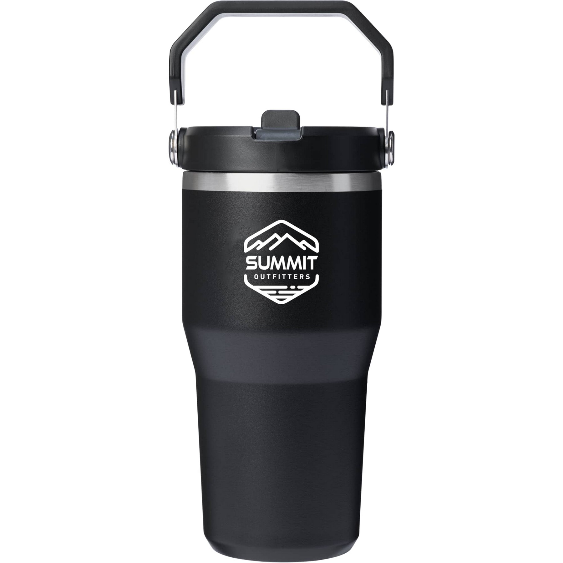 Custom branded Stanley Quencher and IceFlow tumblers in black with logos from Summit Outfitters and Wanderlust brands