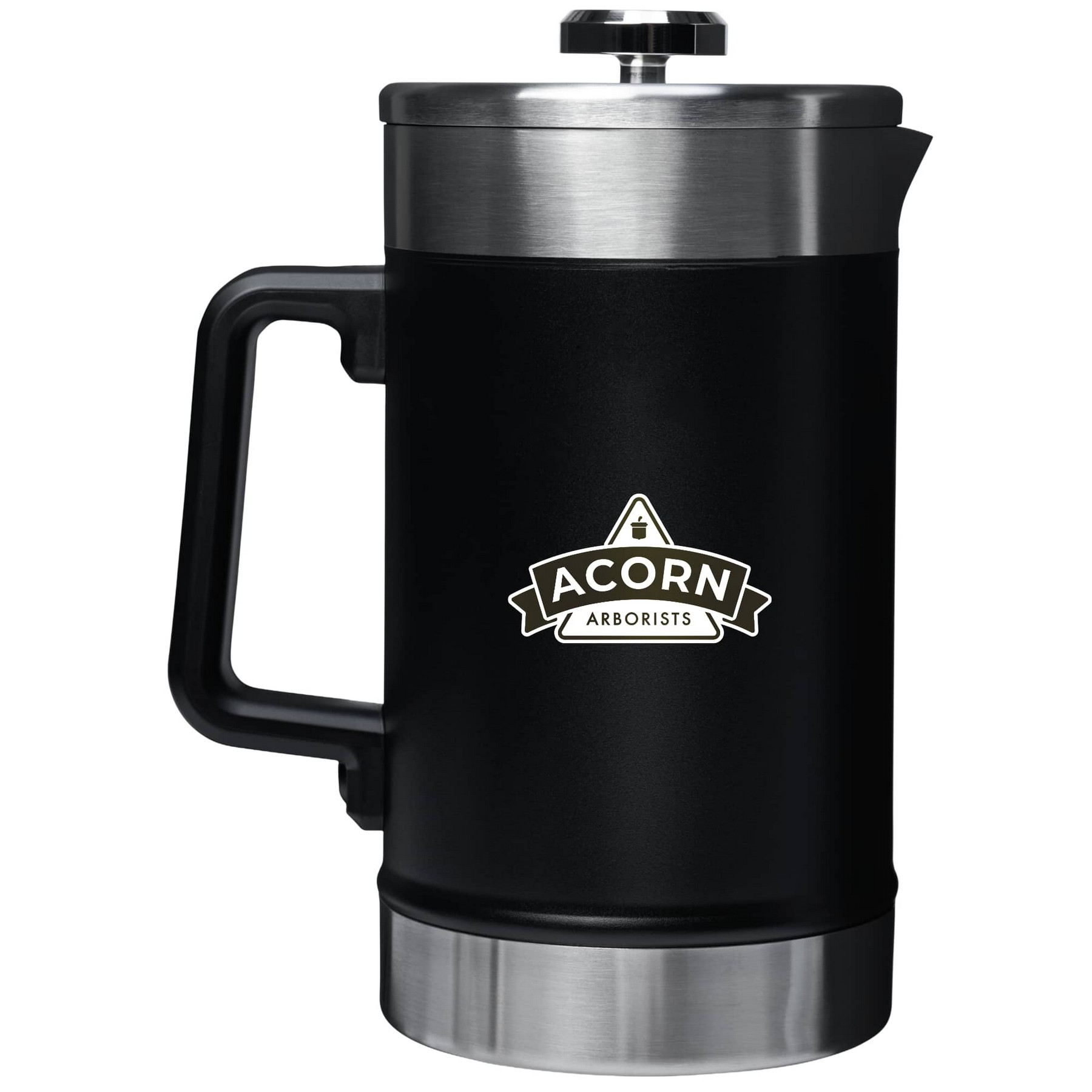 Custom branded Stanley 48oz Stay-Hot French Press with Acorn Brewing Company laser-engraved logo on stainless steel