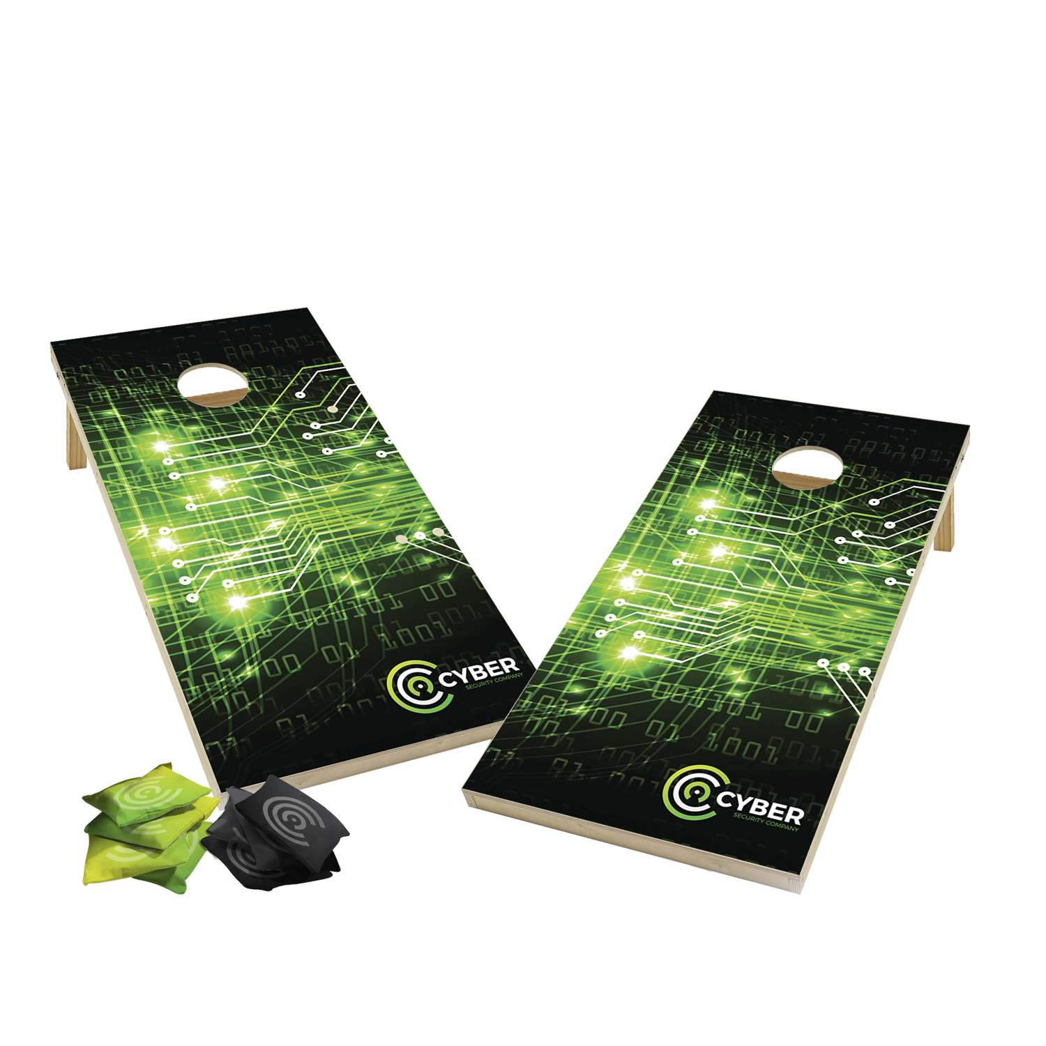 Cyber branded wood cornhole boards with full color dye sublimated graphic and bean bags