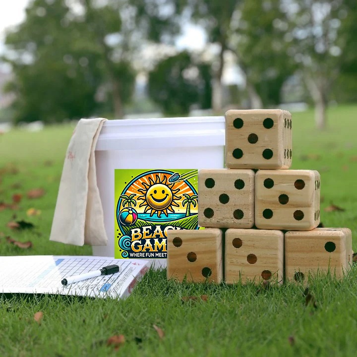 Giant Yardzee Farkle yard game set with custom branded bucket and wood dice on grass