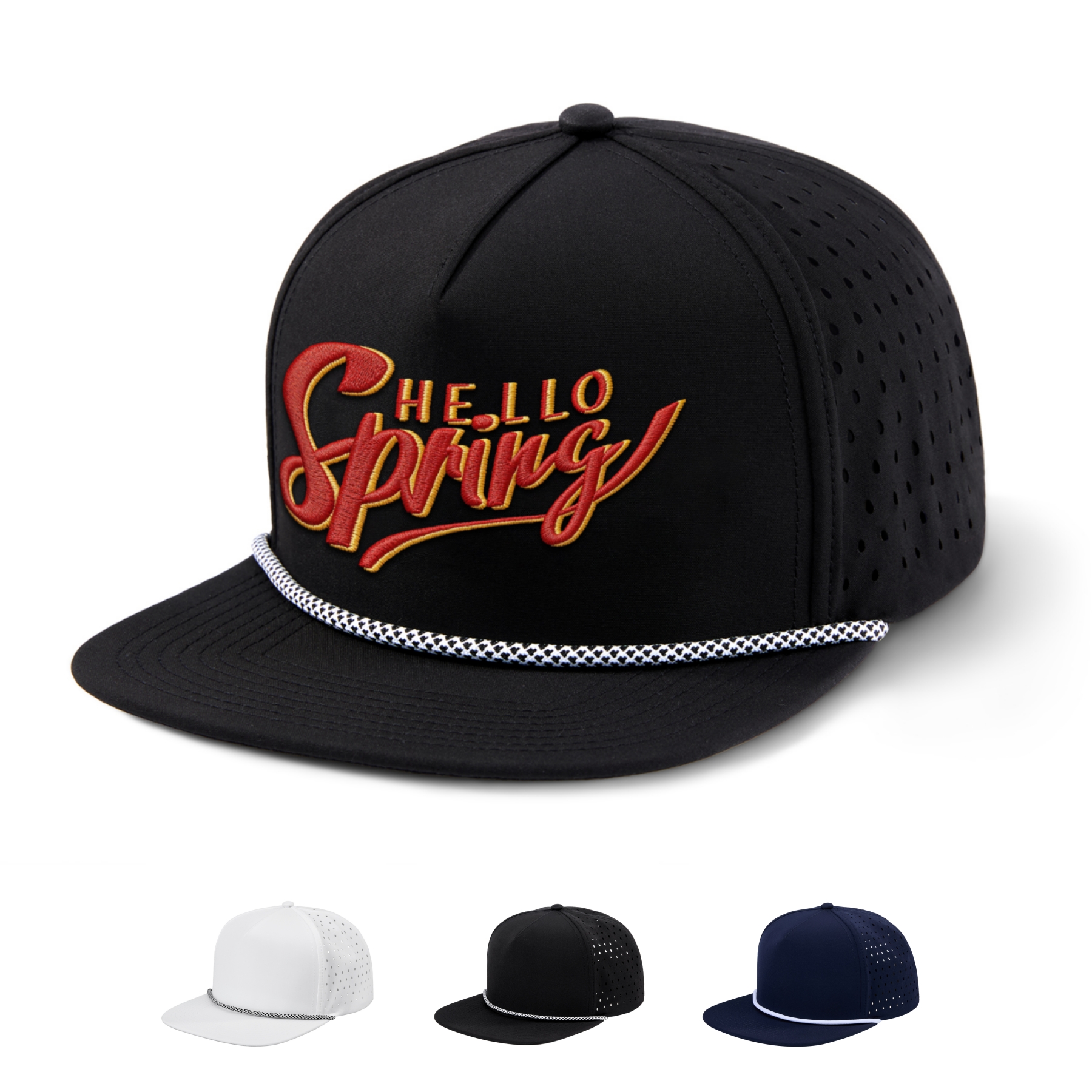 5-panel rope hat in black with flat brim and woven rope detail for custom branding