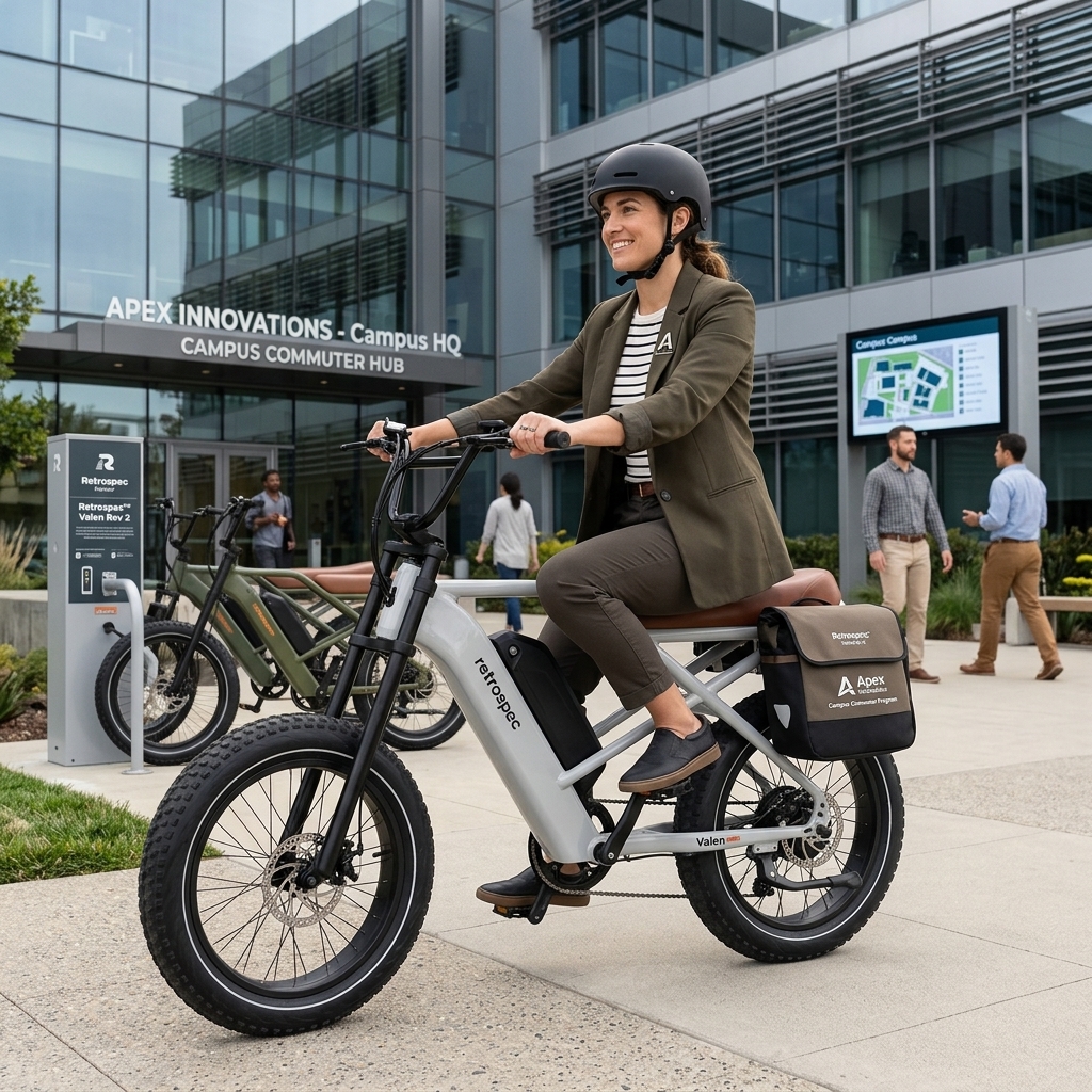 Slate gray moto-style fat tire electric bike with brown leather seat and chunky all-terrain tires driving through campus