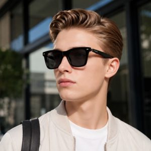 Man wearing black GetD AI smart sunglasses with 145-language real-time translation