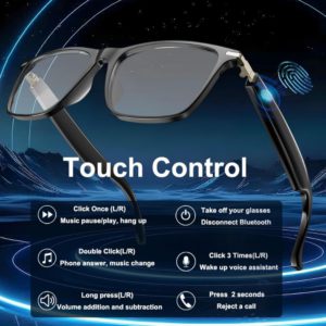 Black smart glasses with built-in 8MP camera for photo and video capture