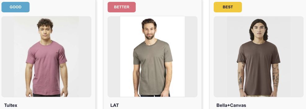 Good Better Best budget friendly custom t-shirts for high volume corporate giveaways and trade show promotional programs