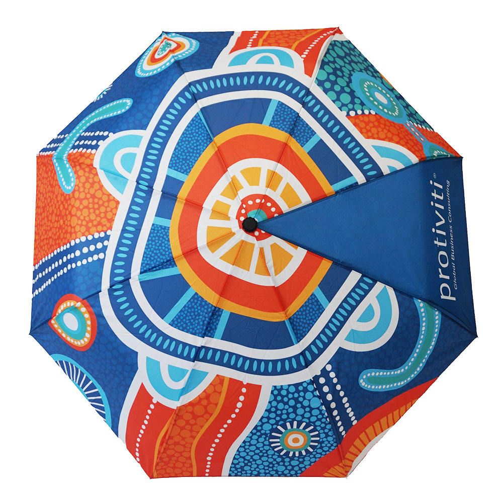 Close-up of promotional umbrella canopy showing full-color logo panel print and branded handle