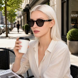 Woman wearing round-frame GetD AI smart sunglasses with polarized nylon lenses
