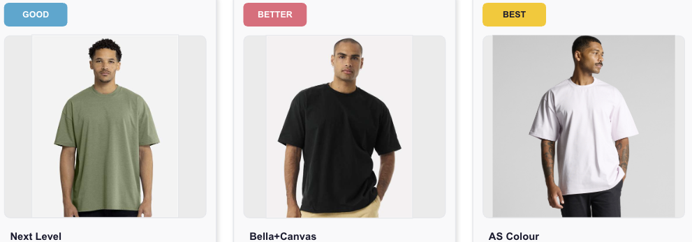 Good Better Best heavyweight branded t-shirts for corporate stores and premium SWAG programs including 8.2 oz options