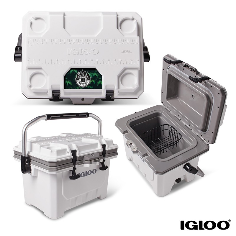 Custom branded Igloo IMX cooler shown from multiple angles with company logo on lid