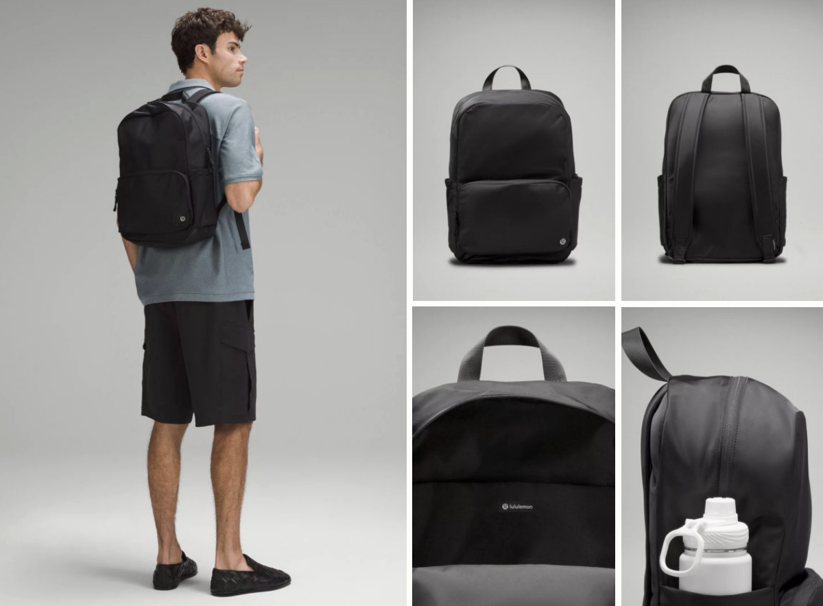 Lululemon Everywhere Backpack in black worn by male model for corporate gifting and branded merchandise programs
