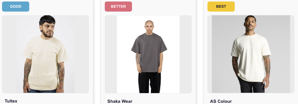 Good Better Best men's fit branded t-shirts for corporate programs including heavyweight and tailored options
