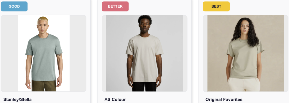 Good Better Best midweight custom t-shirts for corporate employee programs including sustainable and premium cotton options
