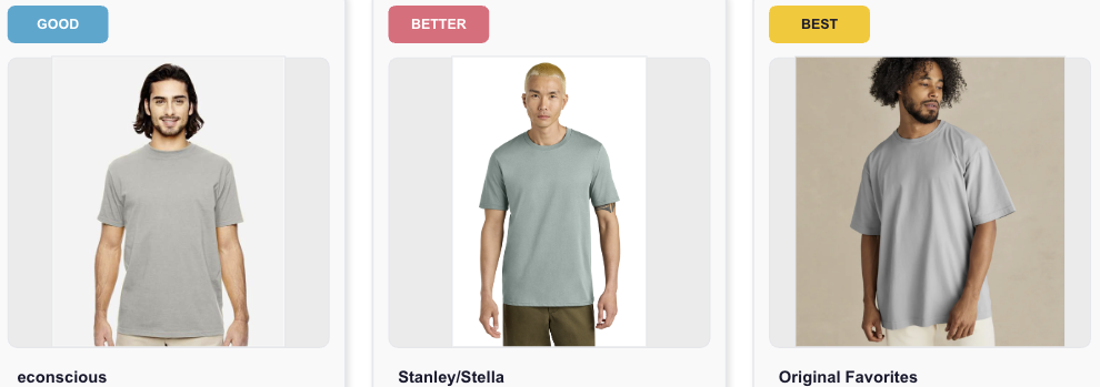 Good Better Best organic custom t-shirts for eco-conscious corporate SWAG programs including certified organic cotton options