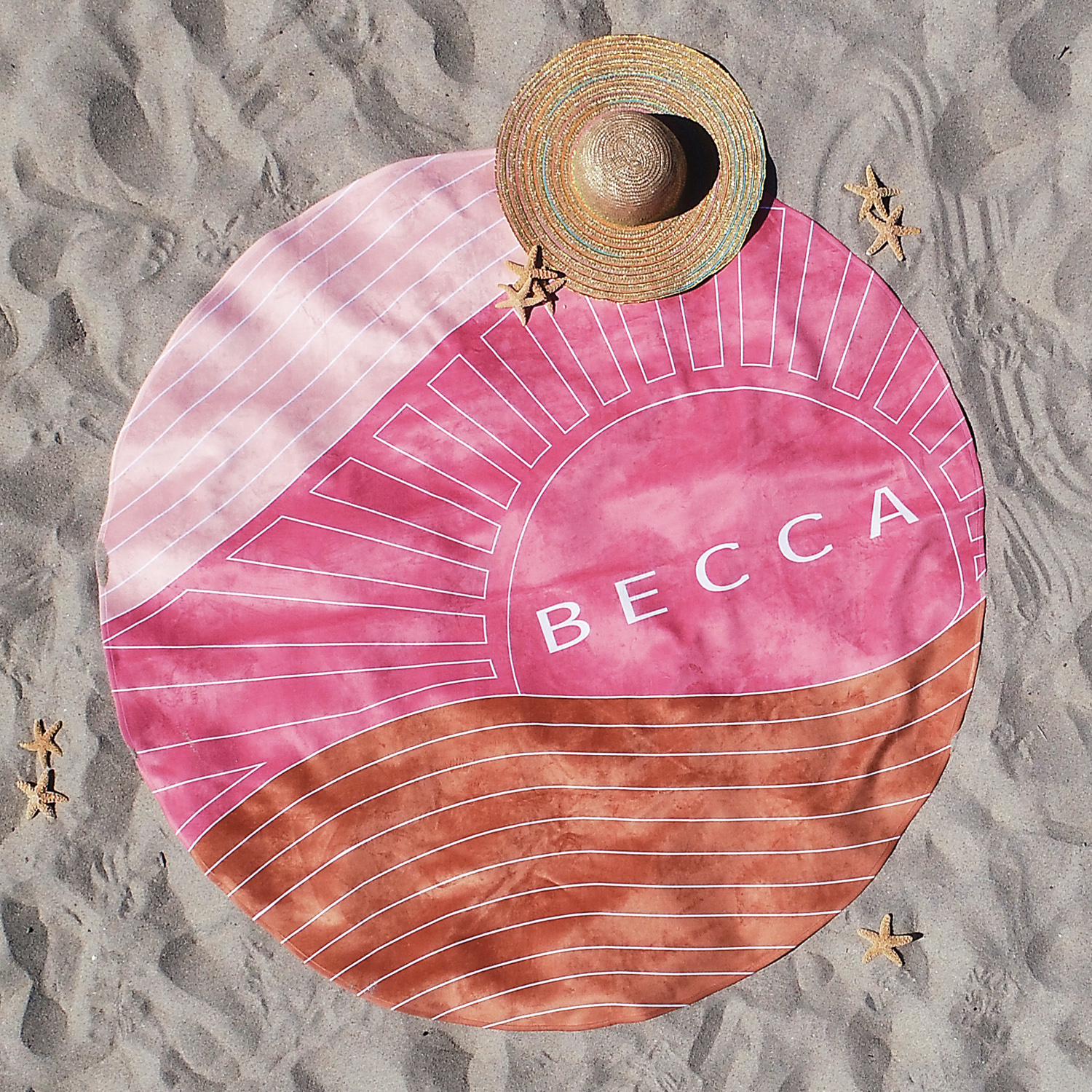 Round custom branded subli-plush velour beach towel with full-color sublimated graphic print