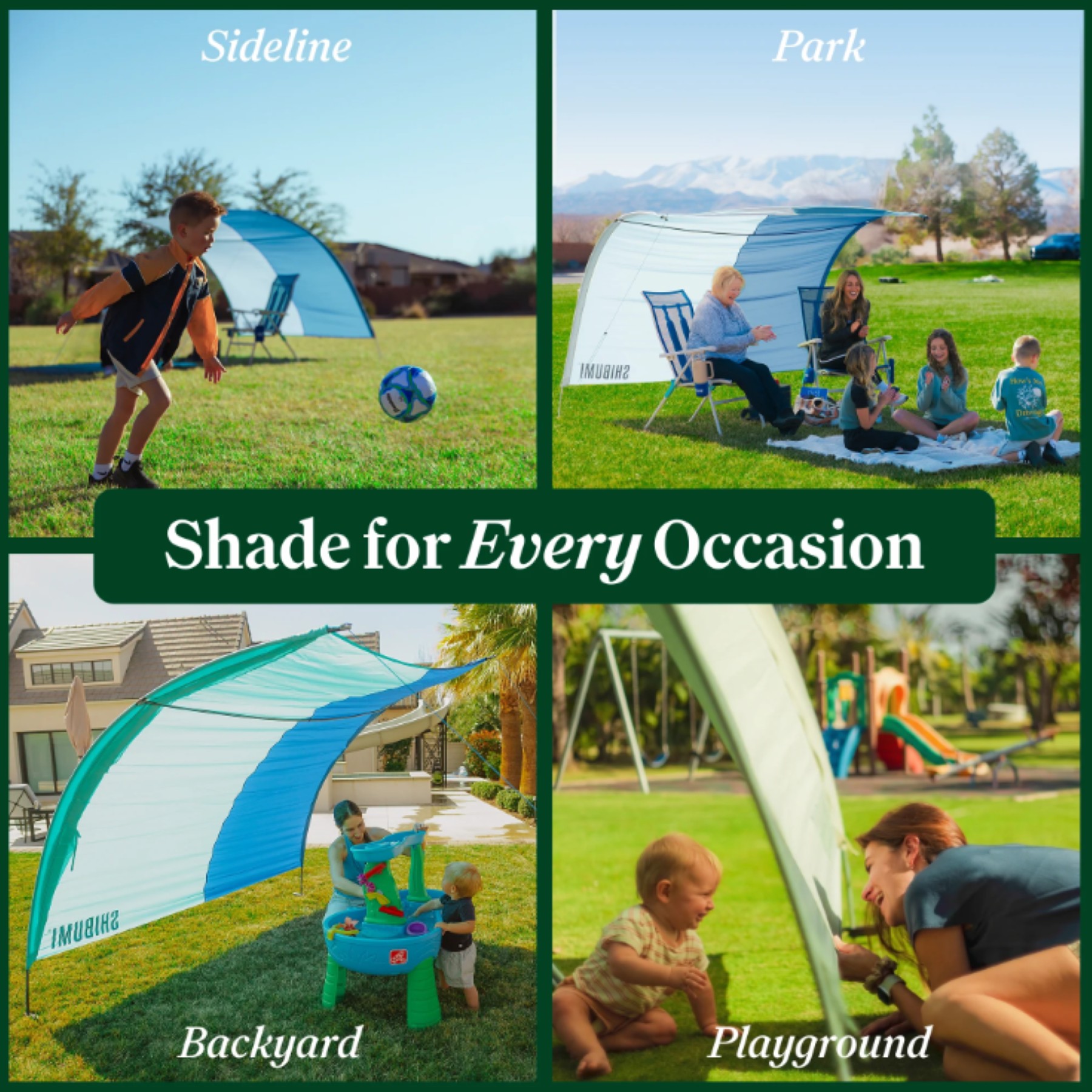 Shibumi Shade kite-style canopy used outdoors in four settings including sideline, park, backyard, and playground