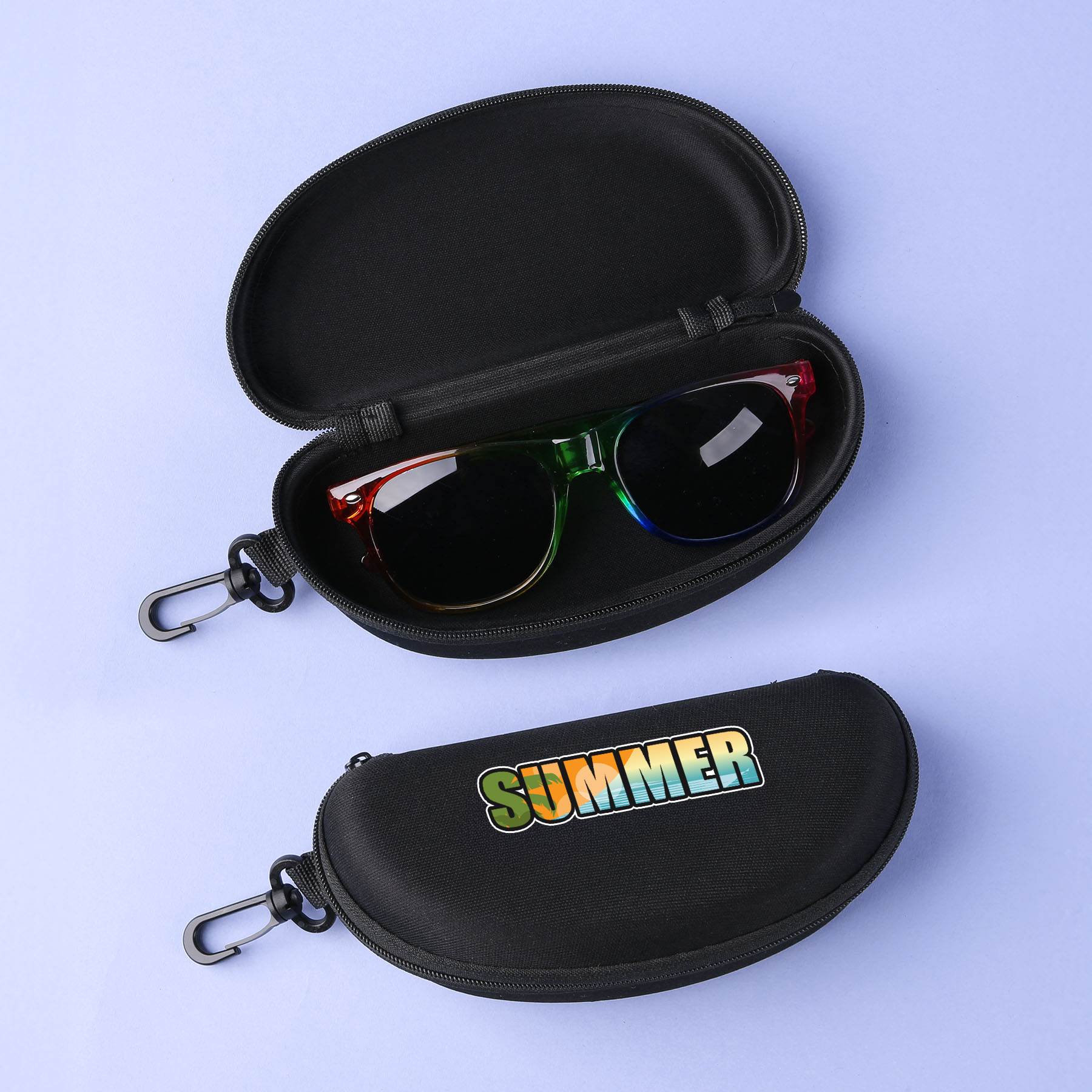 Custom branded sunglasses with colorful frames displayed in a black branded summer carrying case