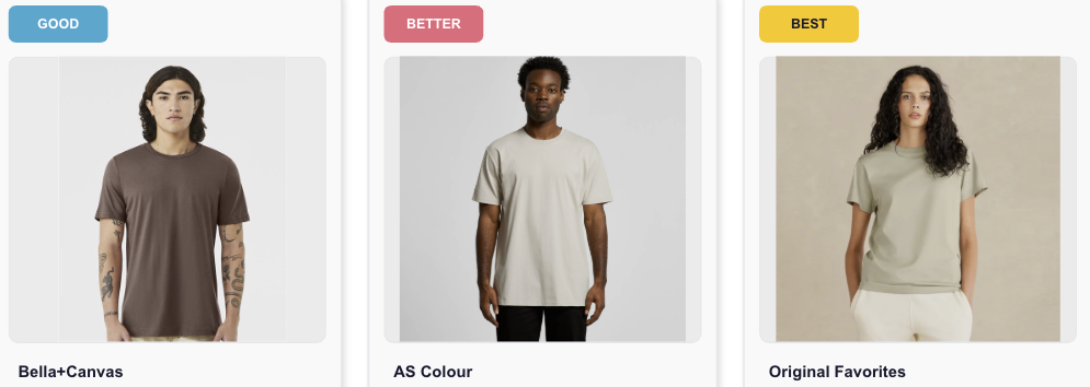 Good Better Best unisex custom t-shirts for branded employee programs including Bella+Canvas, AS Colour, and Original Favorites