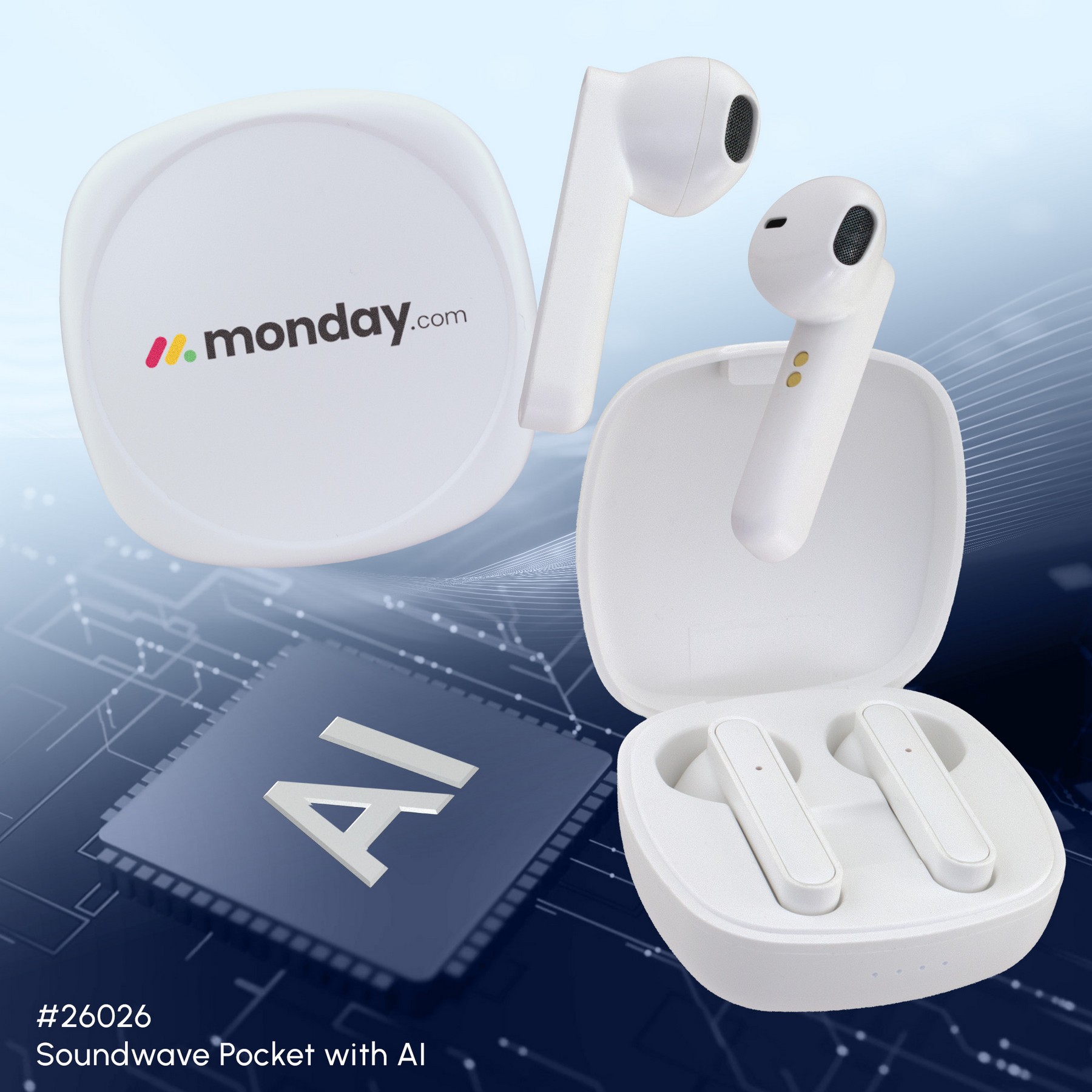 White AI Soundwave Pocket earbuds with charging case and full-color logo imprint