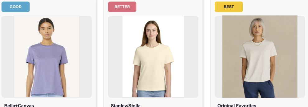 Good Better Best women's fit custom branded t-shirts including relaxed and premium Supima cotton styles