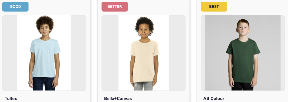 Good Better Best youth custom t-shirts for branded school programs and family events including Bella+Canvas and AS Colour