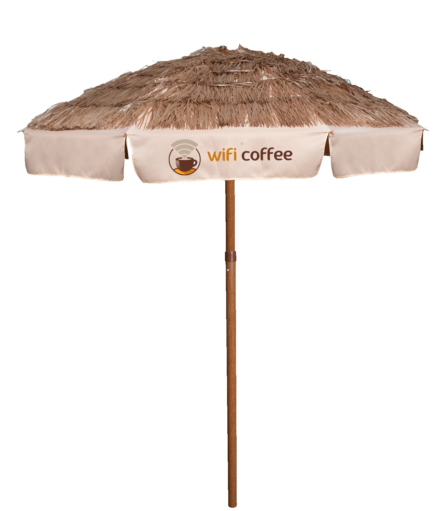 Palapa style branded patio umbrella for hotel bars and resort settings