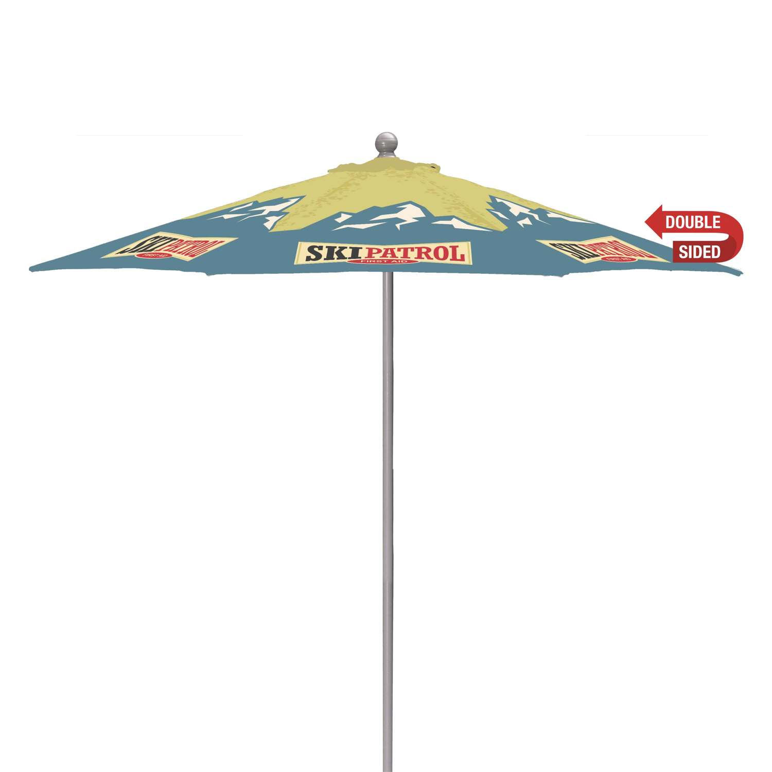 Double-sided branded market umbrella canopy for restaurant patio seating