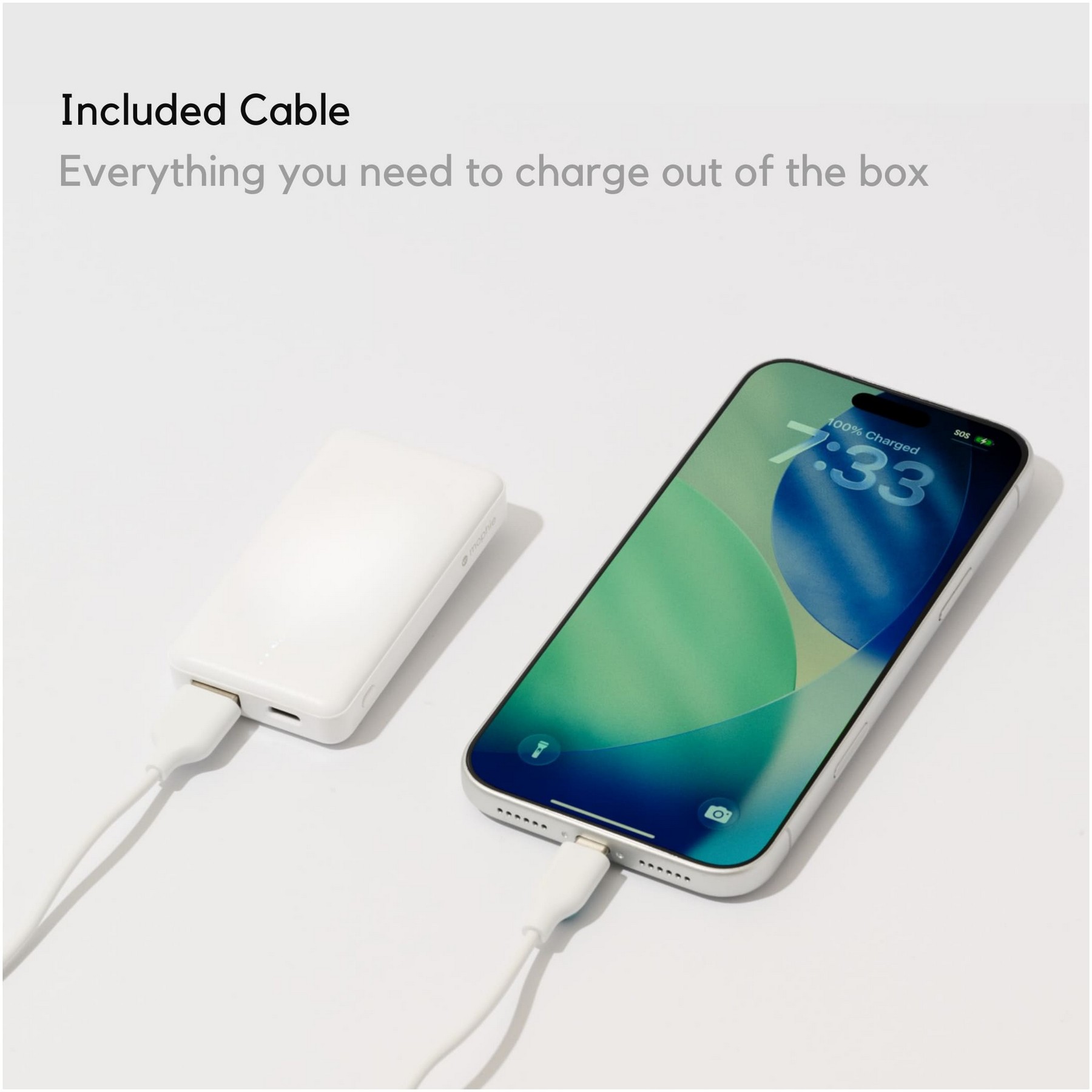 Personalized Mophie 3000 mAh power bank with included charging cable