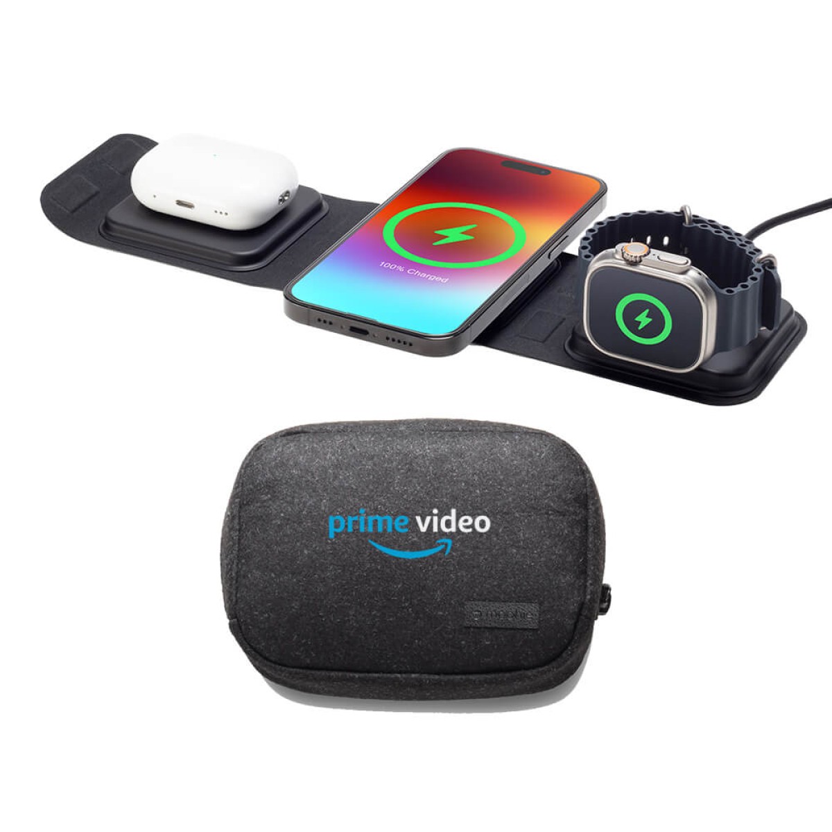 Branded Mophie multi-device travel charger powering phone, watch, and earbuds