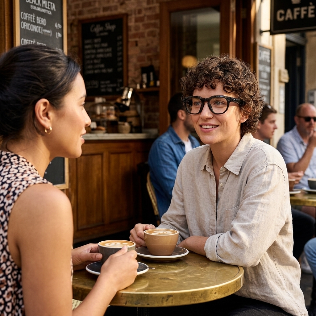 Woman wearing Oakley Meta HSTN glasses with clear lenses at a cafe, showing everyday lifestyle use case