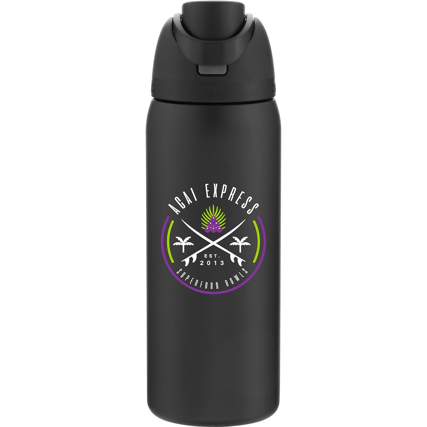 Matte black 32 oz Owala FreeSip water bottle with full-color logo imprint