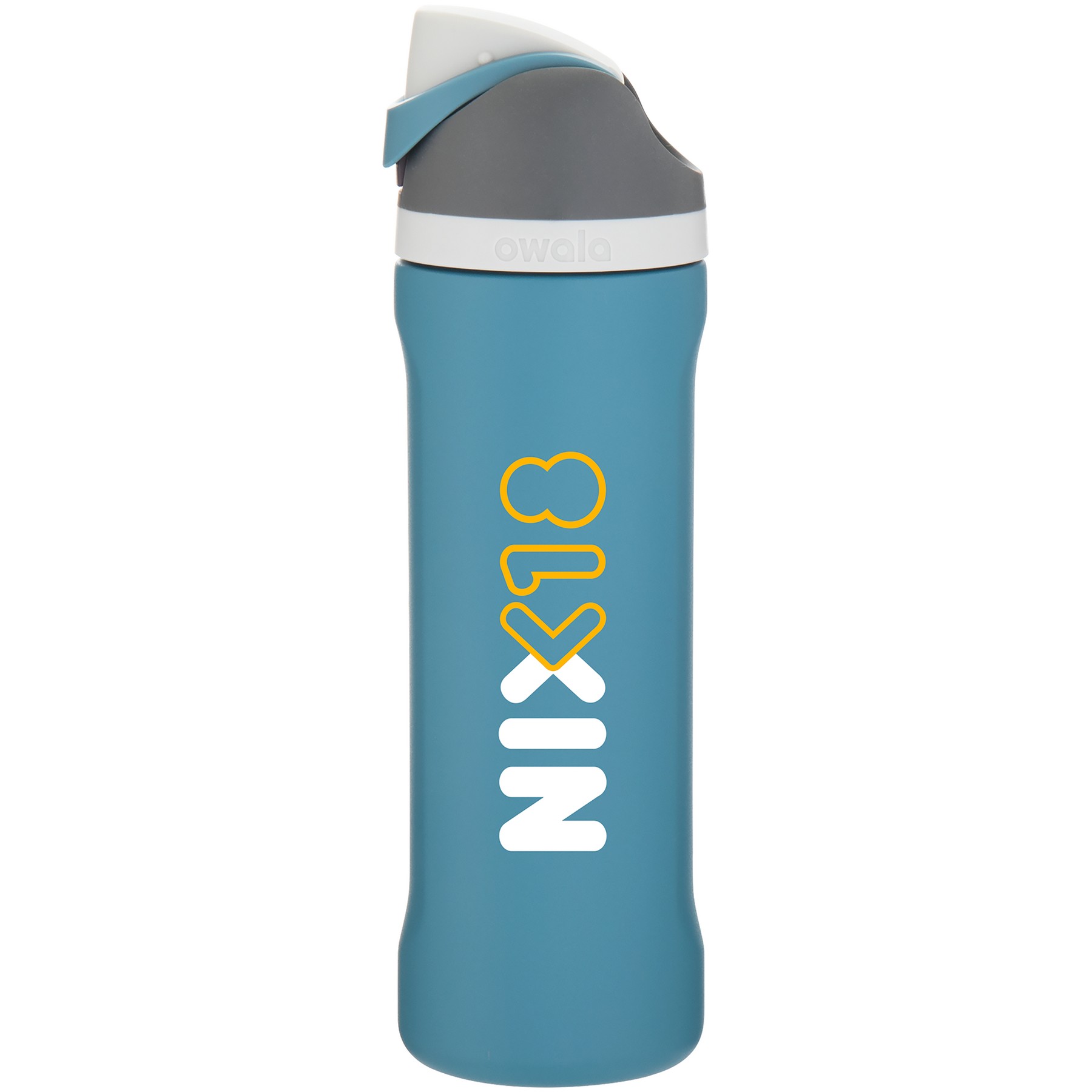 Teal 24 oz Owala FreeSip water bottle with NIXON logo screen printed on side