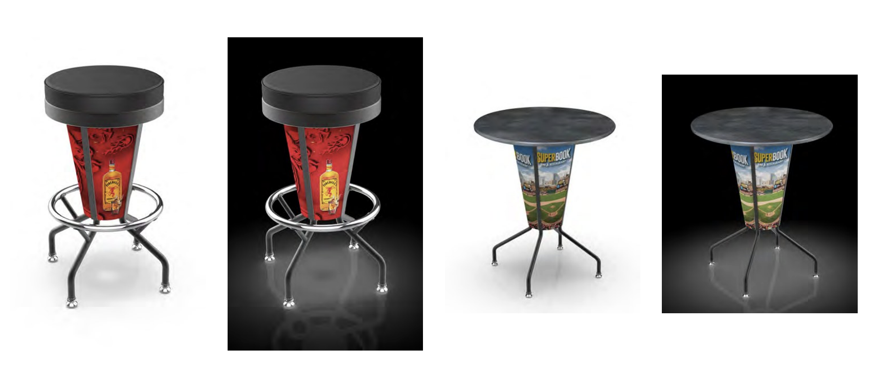 Custom logo LED bar tables and stools glowing with branding